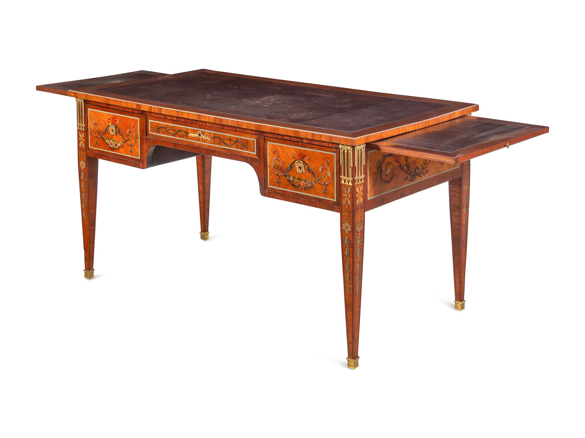 A French Neoclassical Style Gilt Bronze Mounted and Painted Bureau Plat