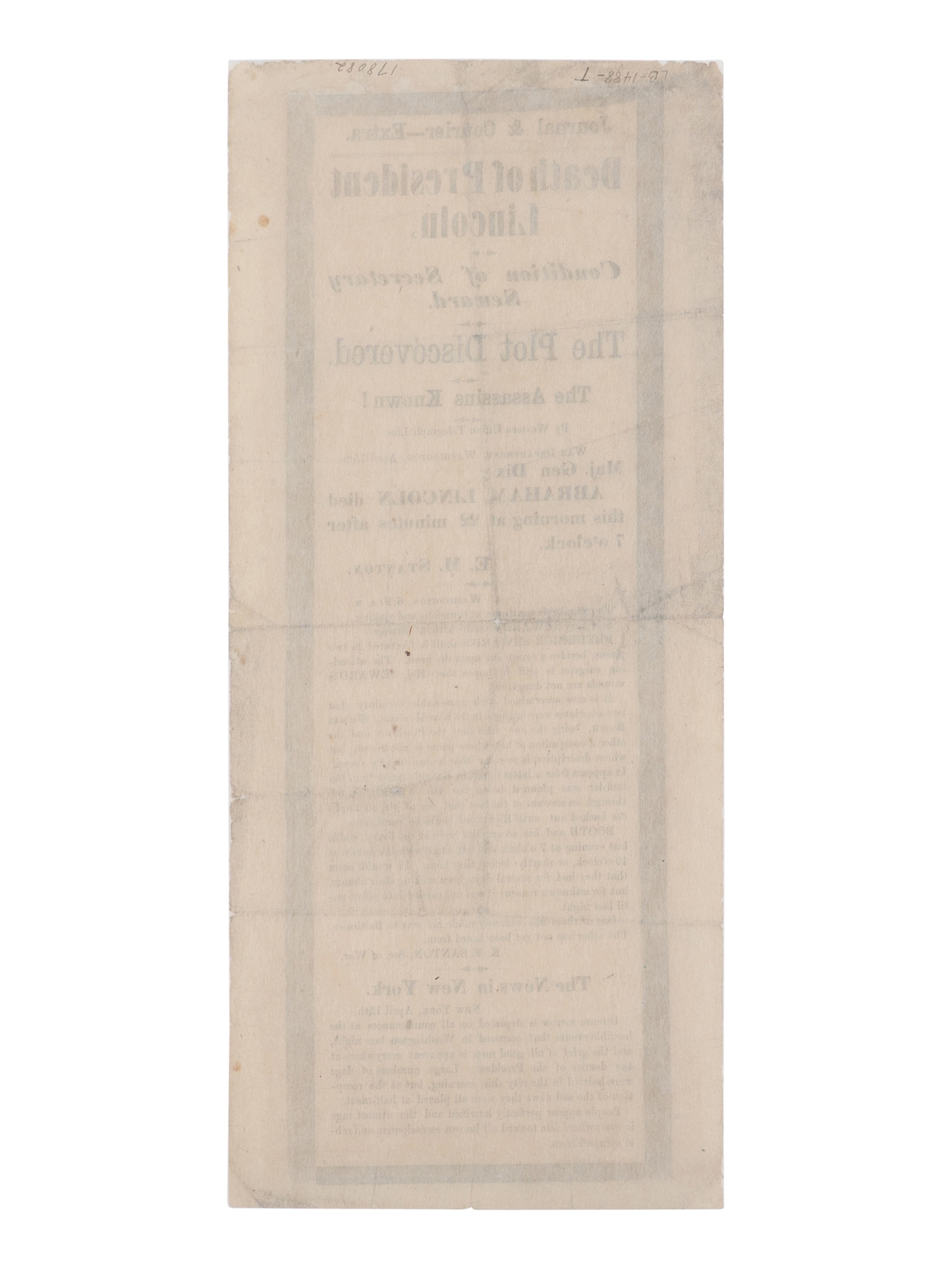 [LINCOLN ASSASSINATION]. Journal & Courier---Extra. Death of President Lincoln. Condition of Secretary Seward. The Plot Discovered. The Assassins Known! N.p., n.p., [15 April 1865].