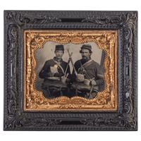 Sixth plate tintype taken in the field featuring Ohio soldiers posed with their rifles, equipment, mess gear, and hardtack.