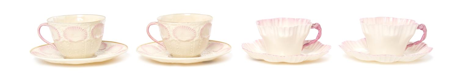 Two Pairs of Belleek Porcelain Cups and Saucers, EARLY 20TH CENTURY, ONE PAIR POSSIBLY EARLIER, Height of first 2 1/2 inches. — EARLY 20TH CENTURY, ONE PAIR POSSIBLY EARLIER,
