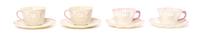 Two Pairs of Belleek Porcelain Cups and Saucers, EARLY 20TH CENTURY, ONE PAIR POSSIBLY EARLIER, Height of first 2 1/2 inches. — EARLY 20TH CENTURY, ONE PAIR POSSIBLY EARLIER,