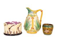 A Zsolnay Iridescent Art Pottery Cachepot and Two Majolica Table Articles — 19th/20th Century