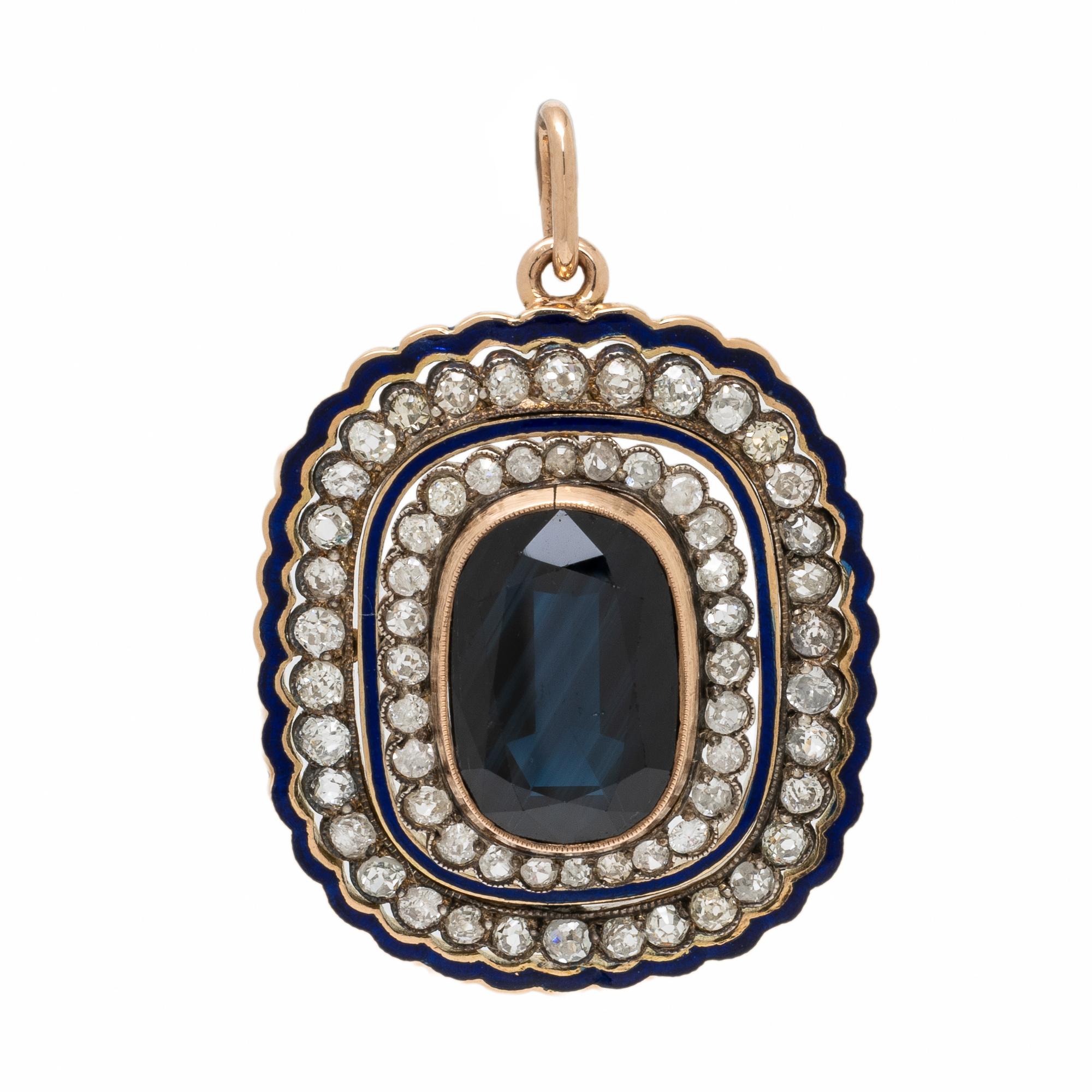 Sapphire, Diamond, and Enamel Pendant