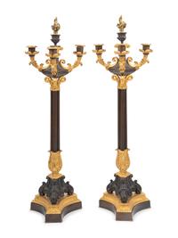 A Pair of Louis Philippe Style Gilt and Patinated Bronze Three-Light Candelabra