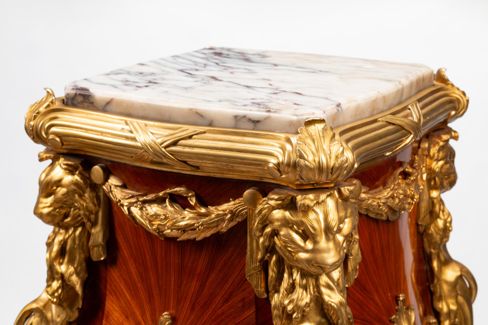 A Pair of Louis XV Style Gilt Bronze Mounted Marquetry Pedestals After the Model by Joseph-Emmanuel Zwiener