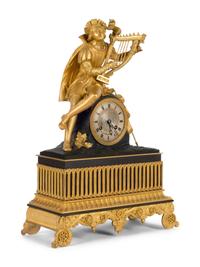 A Charles X Patinated and Gilt Bronze Figural Mantel Clock