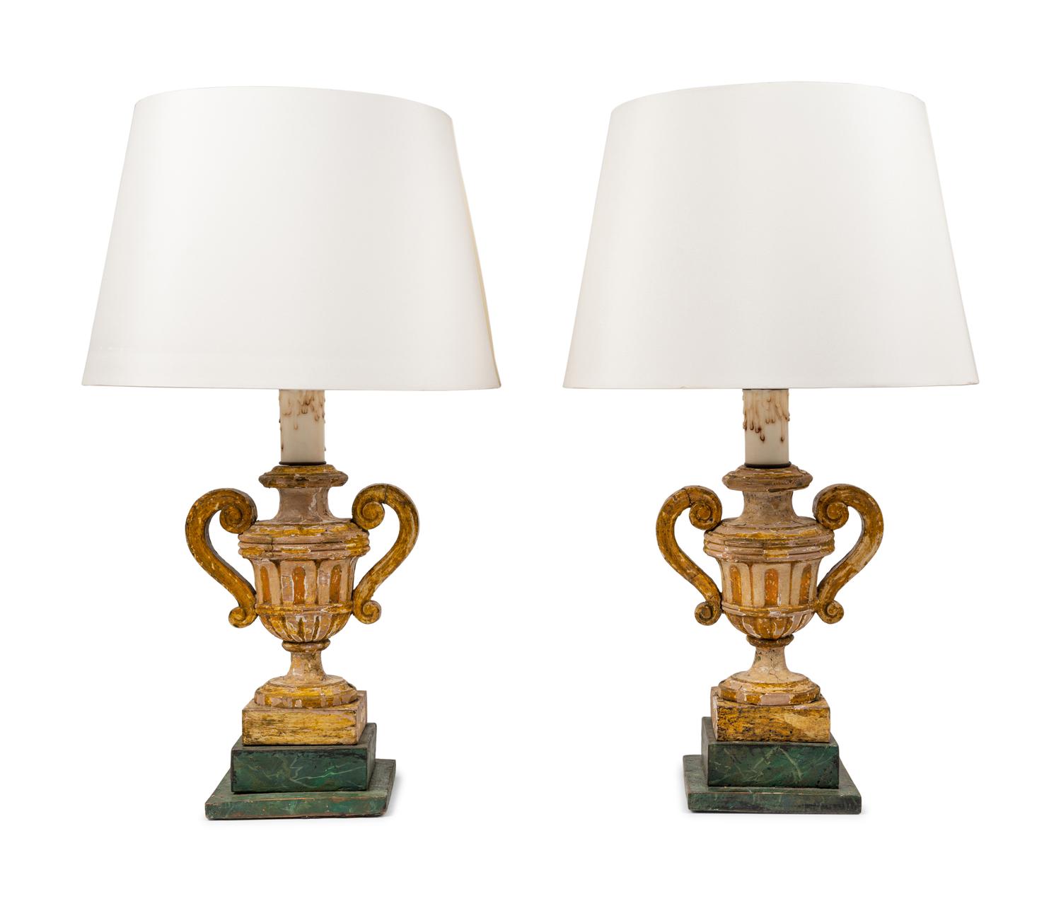 A Pair of Italian Painted Urn-Form Finials Mounted as Lamps