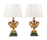 A Pair of Italian Painted Urn-Form Finials Mounted as Lamps