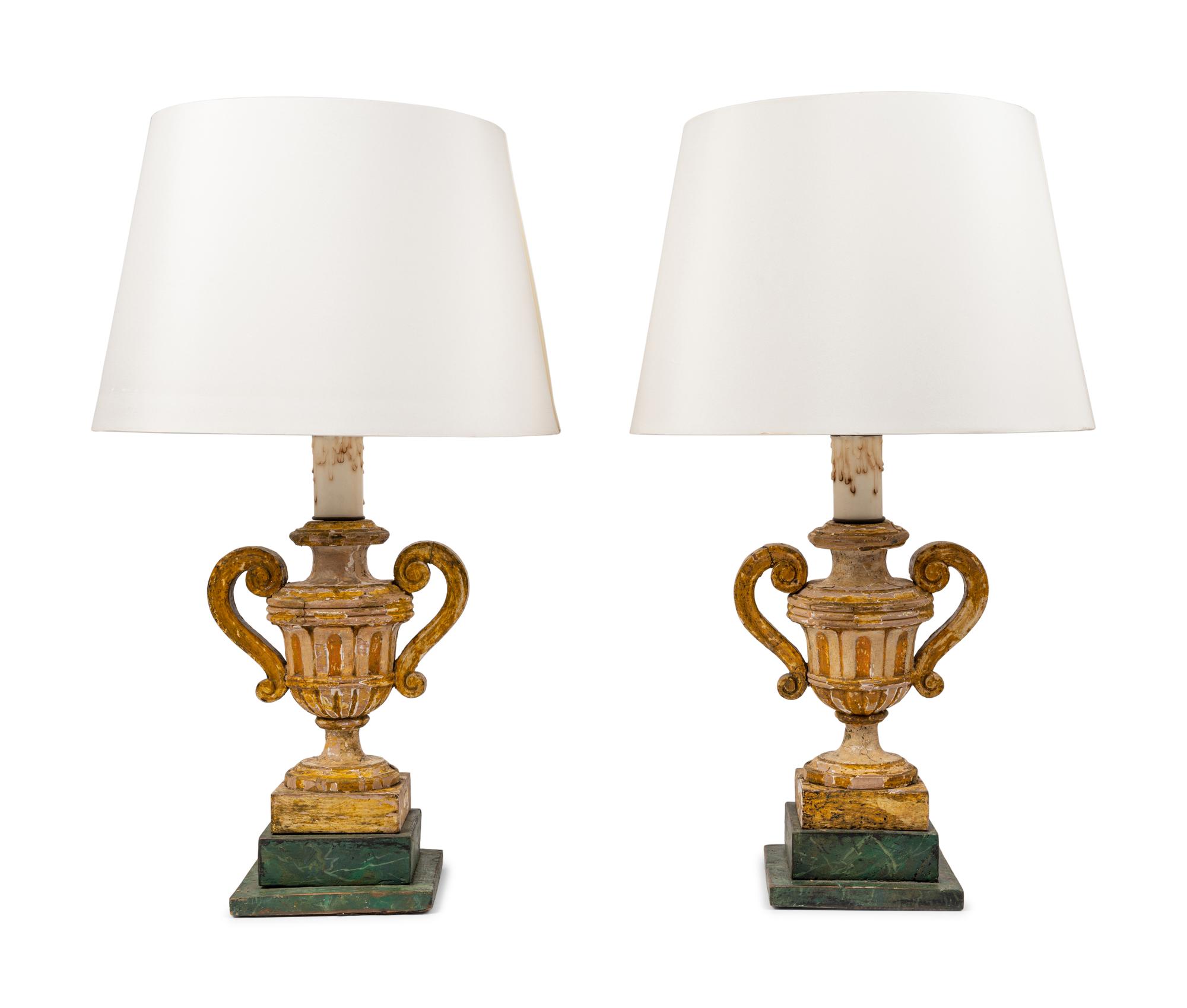 A Pair of Italian Painted Urn-Form Finials Mounted as Lamps
