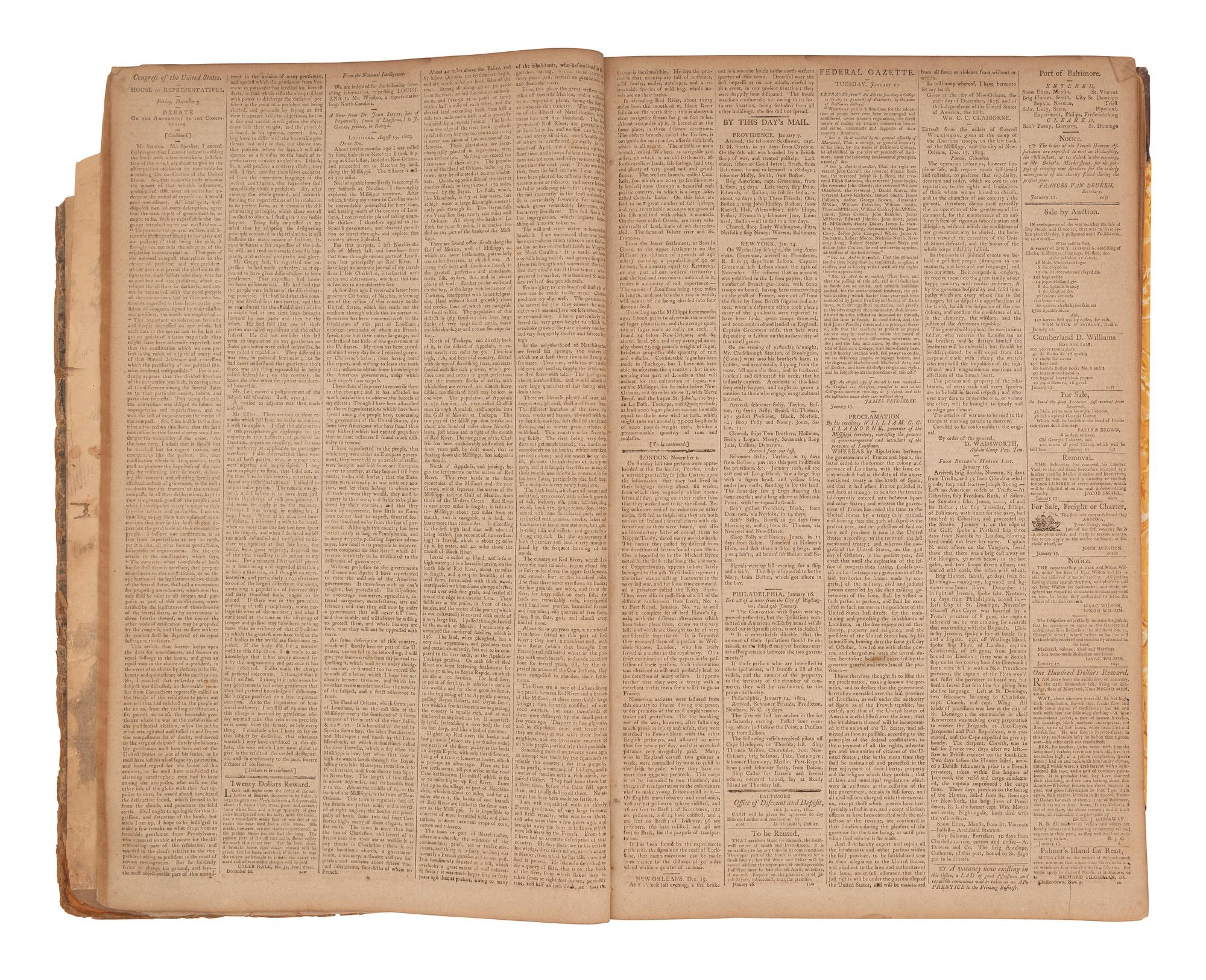 [POLITICS] -- [NEWSPAPERS]. The Federal Gazette & Baltimore Daily Advertiser . Bound volume containing 144 newspapers, incl. coverage of Thomas Jefferson's first term in office.