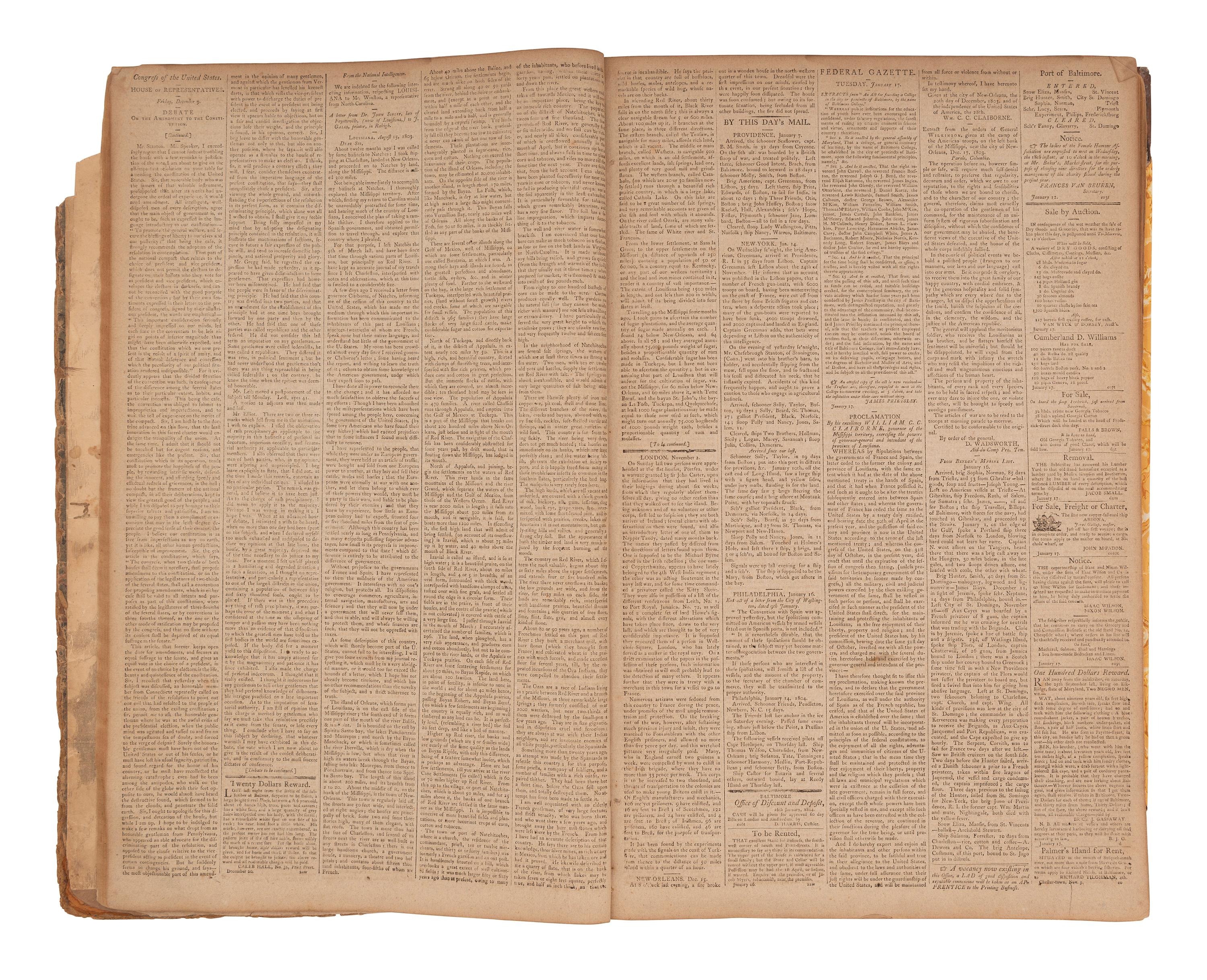 [POLITICS] -- [NEWSPAPERS]. The Federal Gazette & Baltimore Daily Advertiser . Bound volume containing 144 newspapers, incl. coverage of Thomas Jefferson's first term in office.