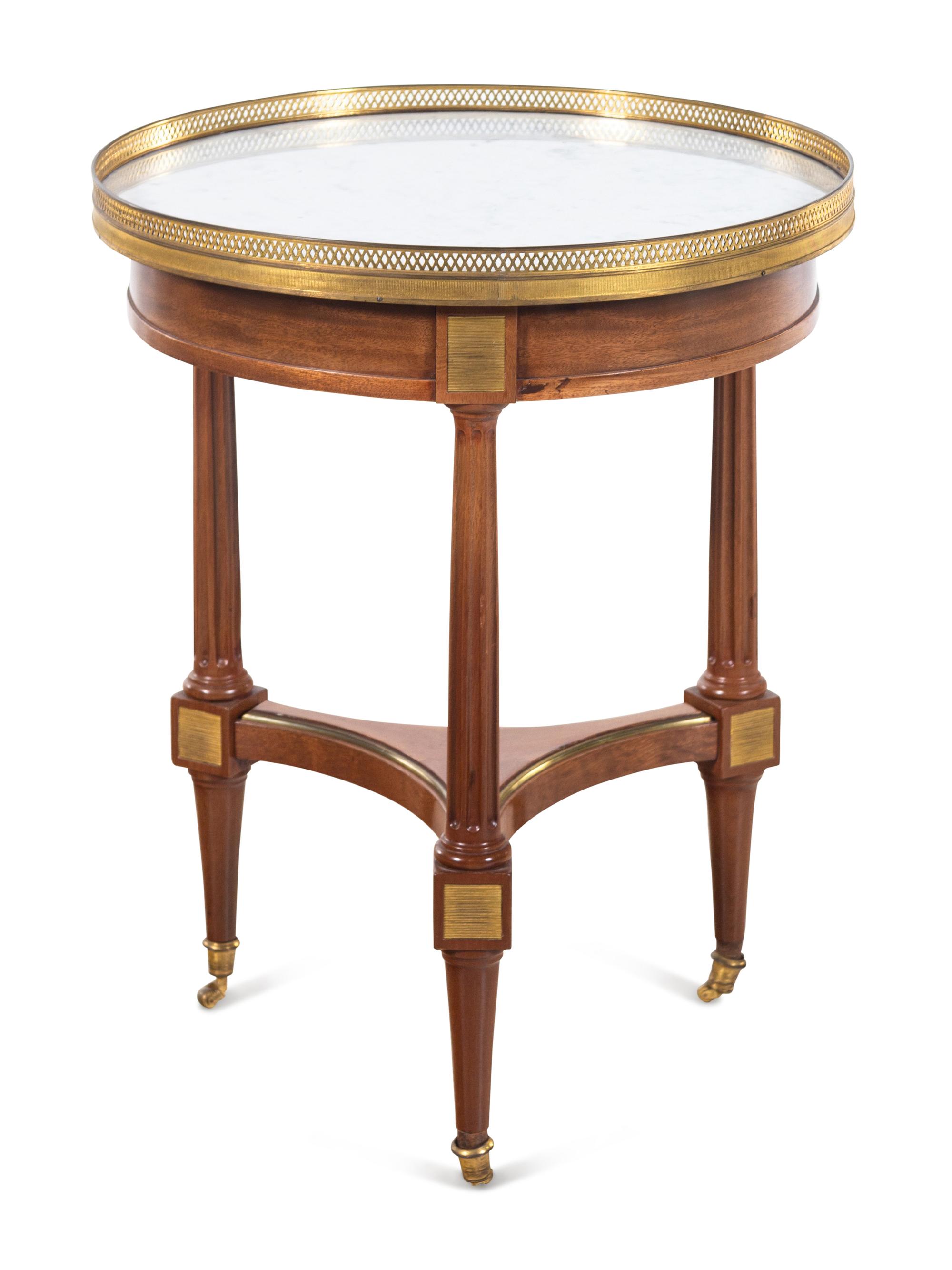 A Louis XVI Style Gilt Metal Mounted Mahogany Marble-Top Bouillotte Table
