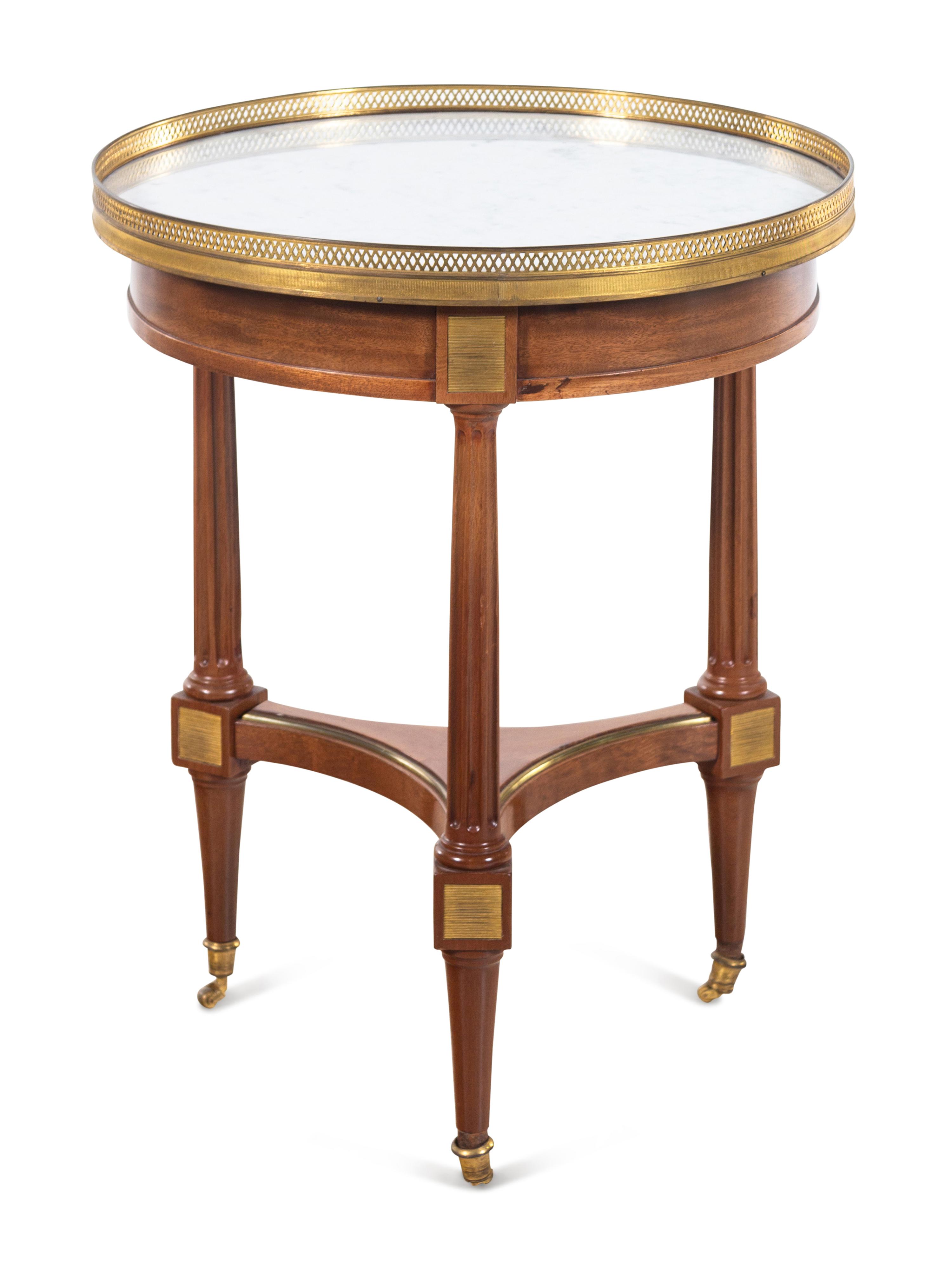 A Louis XVI Style Gilt Metal Mounted Mahogany Marble-Top Bouillotte Table