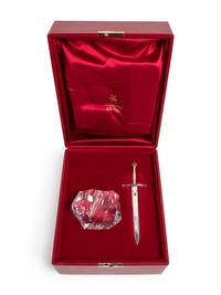 A Steuben Excalibur Silver and 18-Karat Gold Sword and Cut Glass Paperweight