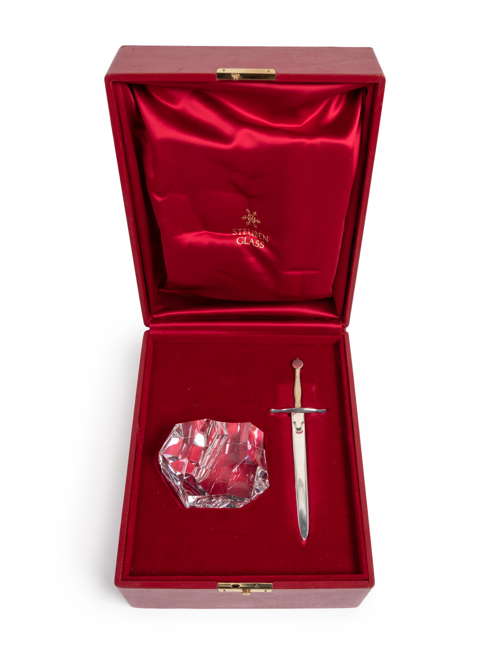 A Steuben Excalibur Silver and 18-Karat Gold Sword and Cut Glass Paperweight