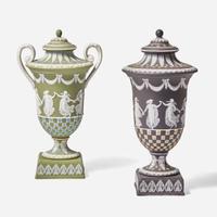 Two Wedgwood Tricolor Diceware Dancing Hours Vases with Covers UK, circa 1900