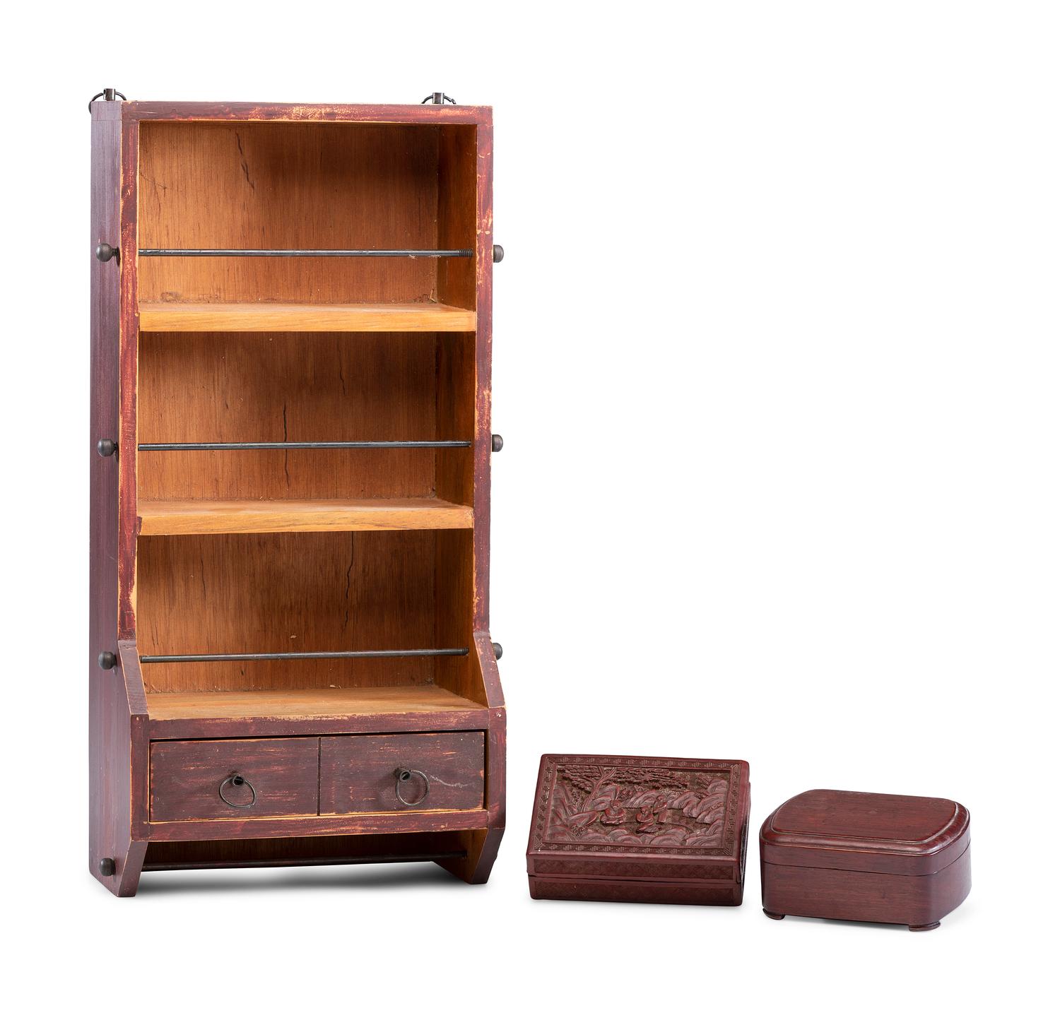 A Diminutive Hanging Display Shelf, a Cinnabar Box and a Wooden Dresser Box