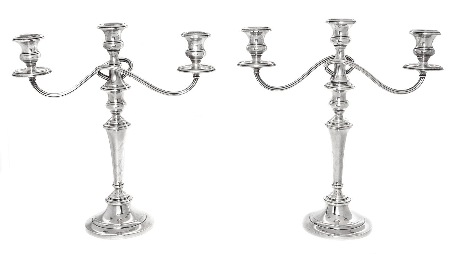 A Pair of American Silver Three-Light Candelabra, Gorham Mfg. Co., Providence, RI, each weighted.