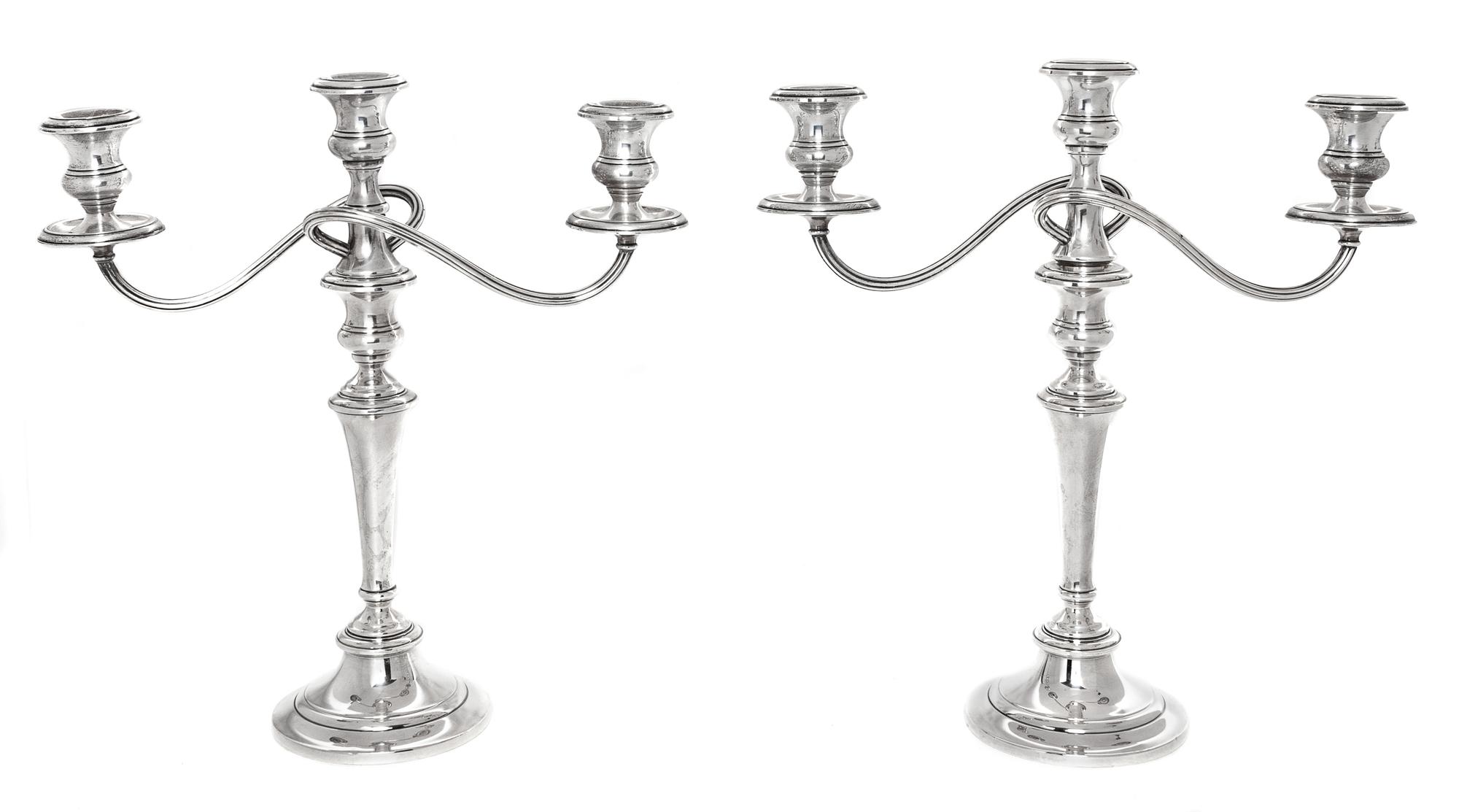 A Pair of American Silver Three-Light Candelabra, Gorham Mfg. Co., Providence, RI, each weighted.