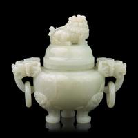 A Chinese White Jade Tripod Censer and Cover, 20th Century 近代 白玉活環耳三足爐
