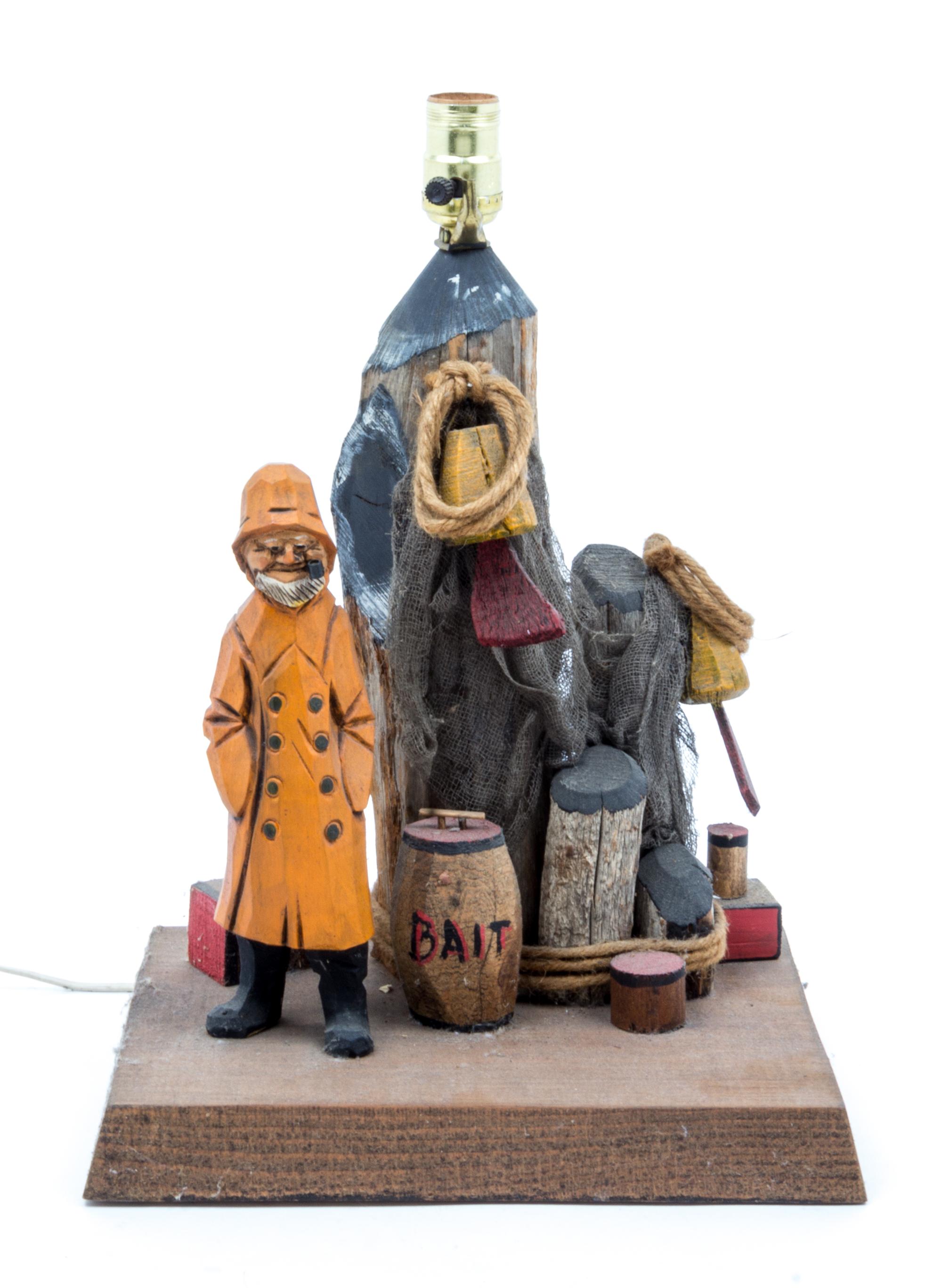 A Folk Art Carved and Polychrome Decorated Table Lamp Height 15 1/4 inches. — 20TH CENTURY