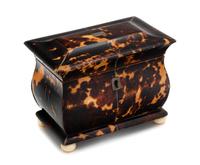 An English Silver-Inlaid Tortoise Shell Tea Caddy Height 4 1/4 x width 5 5/8 inches. — 19TH CENTURY