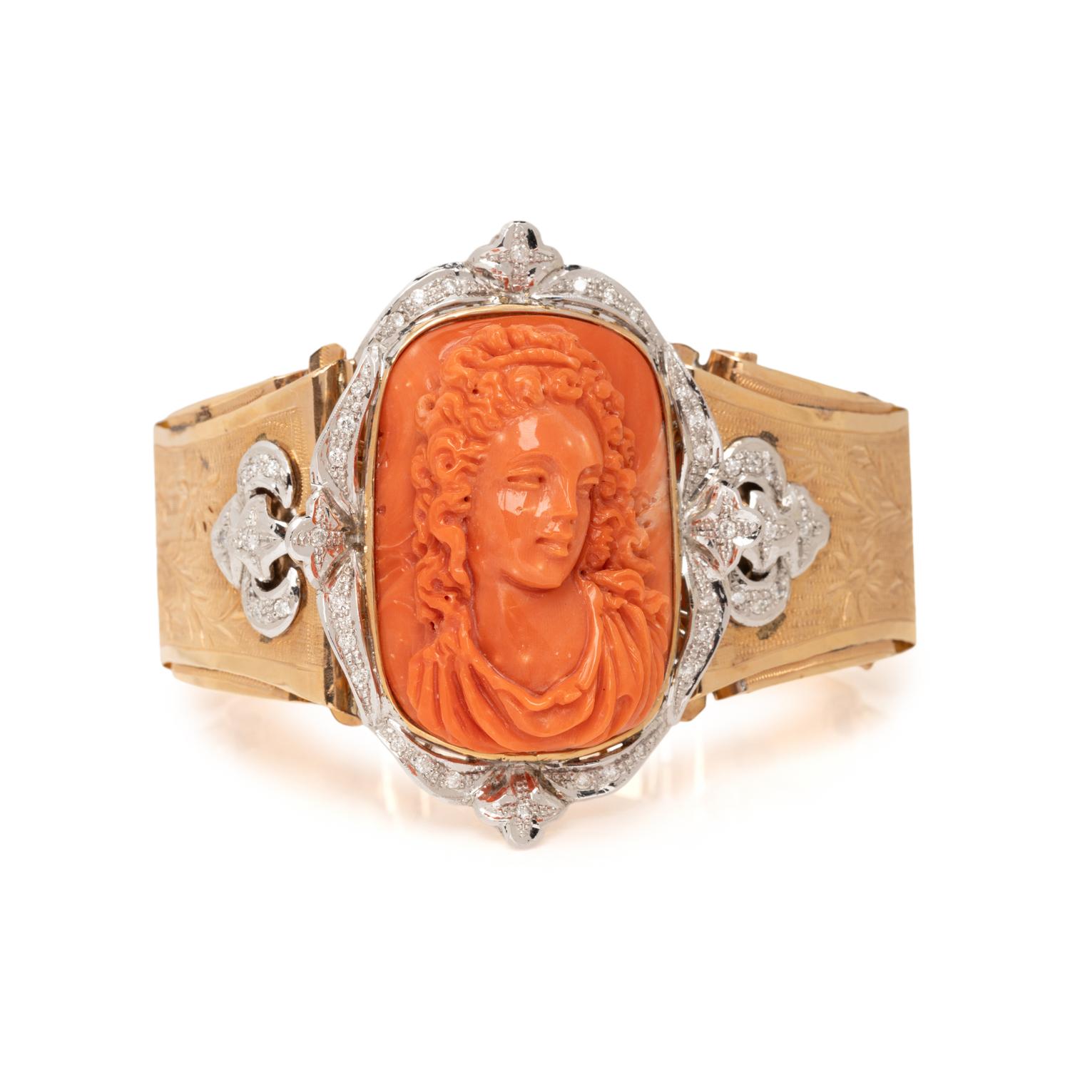 CORAL CAMEO AND DIAMOND BRACELET