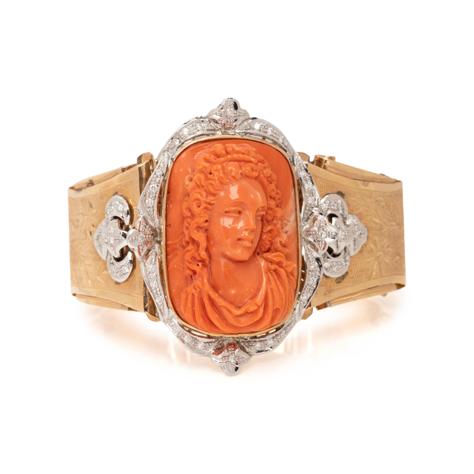 CORAL CAMEO AND DIAMOND BRACELET