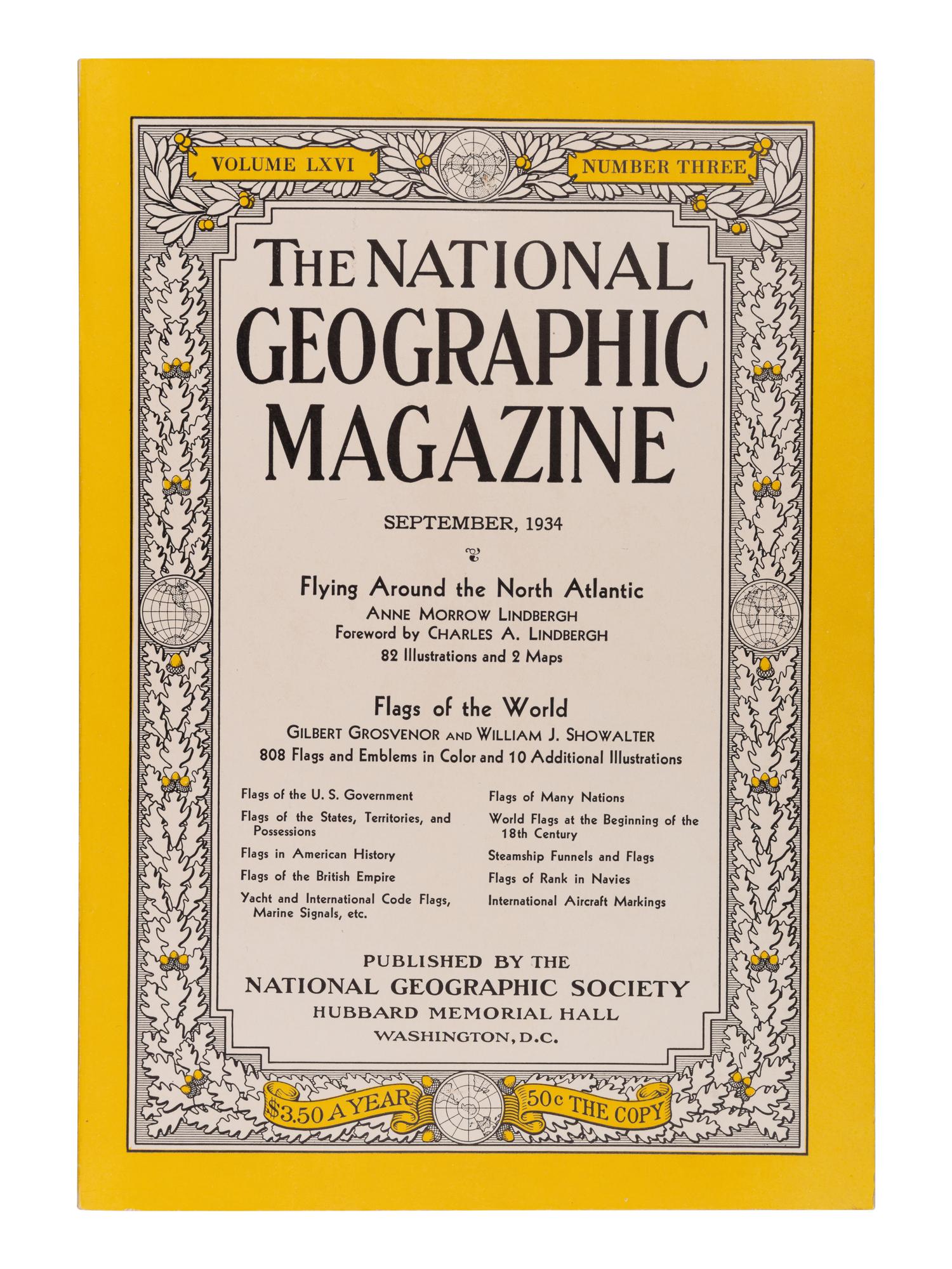 LINDBERGH, Anne Morrow (1906-2001). "Flying Around the North Atlantic." In: National Geographic . Washington: The National Geographic Society, September 1934.