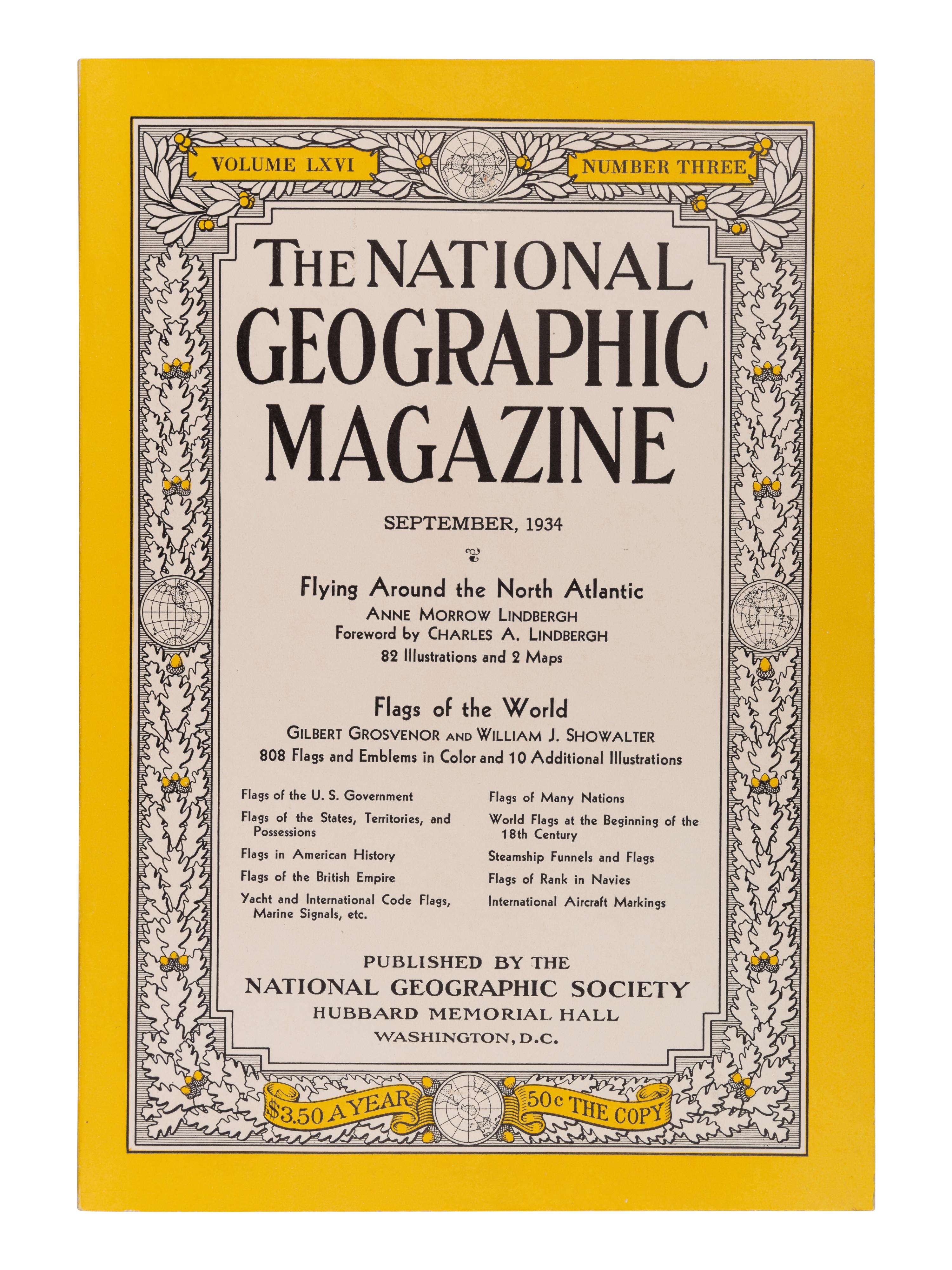 LINDBERGH, Anne Morrow (1906-2001). "Flying Around the North Atlantic." In: National Geographic . Washington: The National Geographic Society, September 1934.