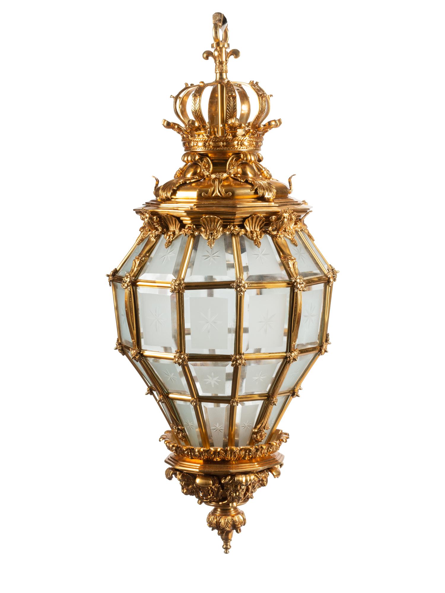 A Pair of Continental Gilt Bronze and Beveled Glass Hall Lanterns