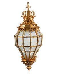 A Pair of Continental Gilt Bronze and Beveled Glass Hall Lanterns