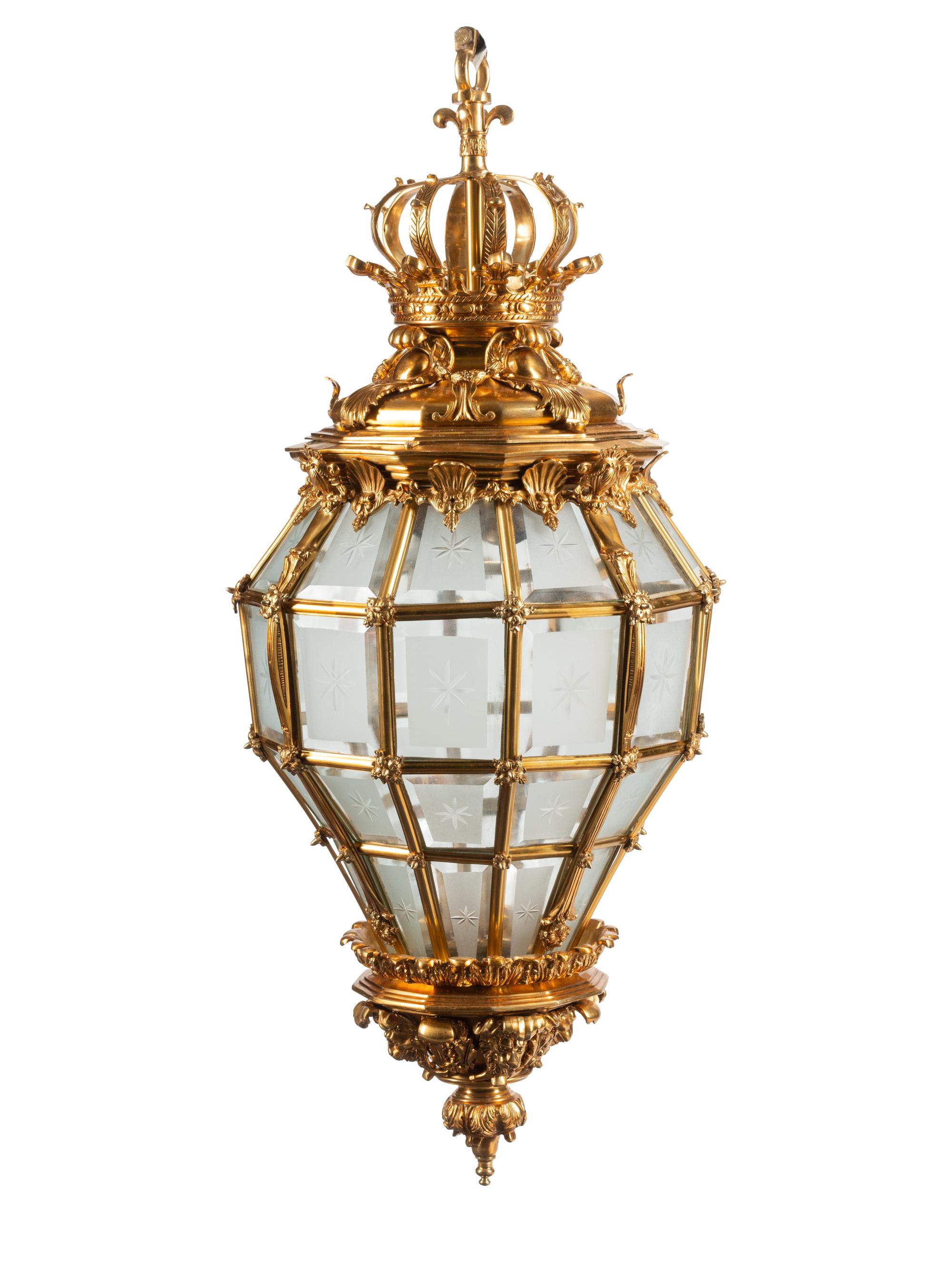 A Pair of Continental Gilt Bronze and Beveled Glass Hall Lanterns