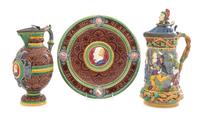 Three Minton Majolica Articles Height of tallest 12 3/4 inches. — 19TH CENTURY