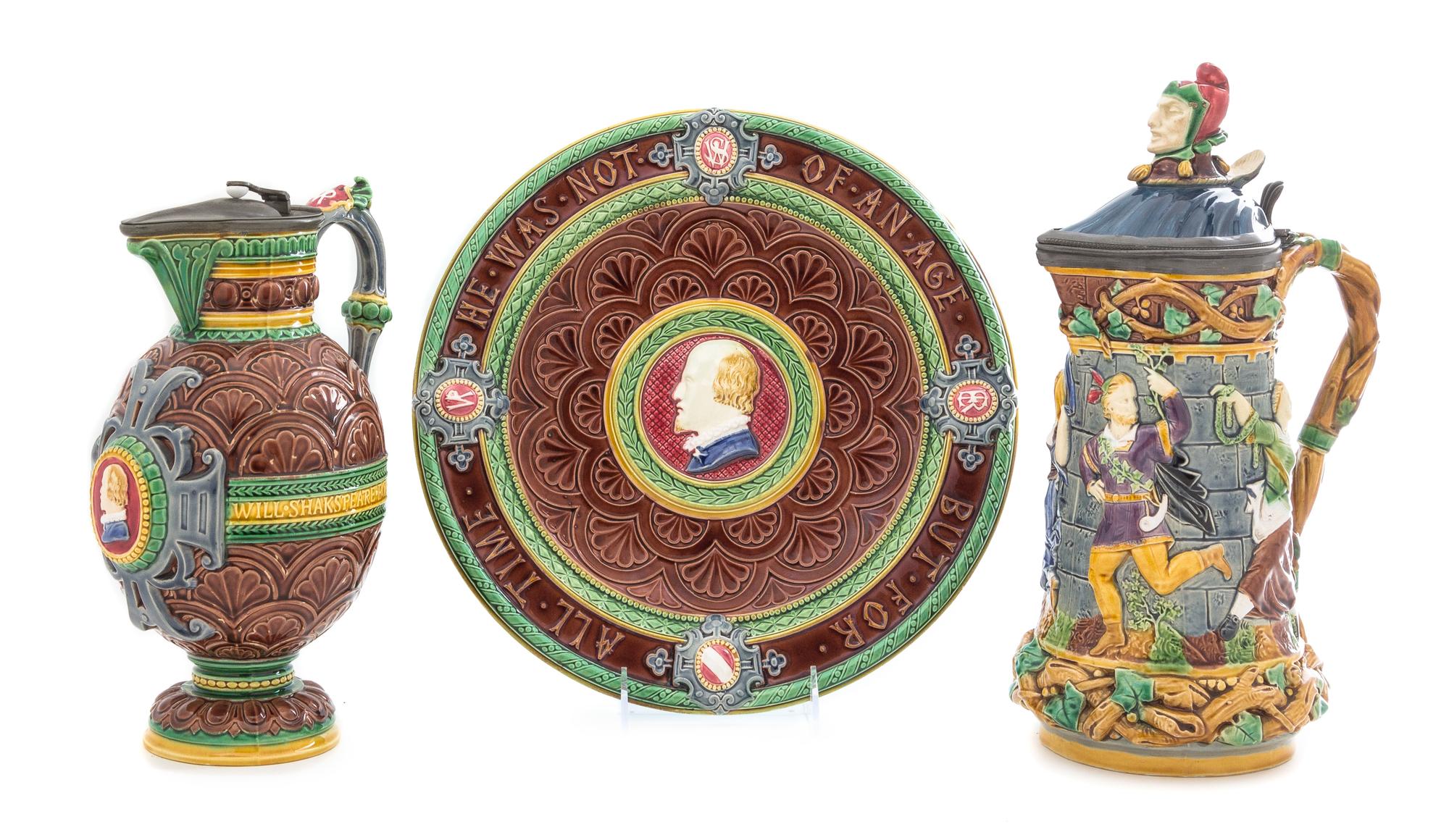 Three Minton Majolica Articles Height of tallest 12 3/4 inches. — 19TH CENTURY