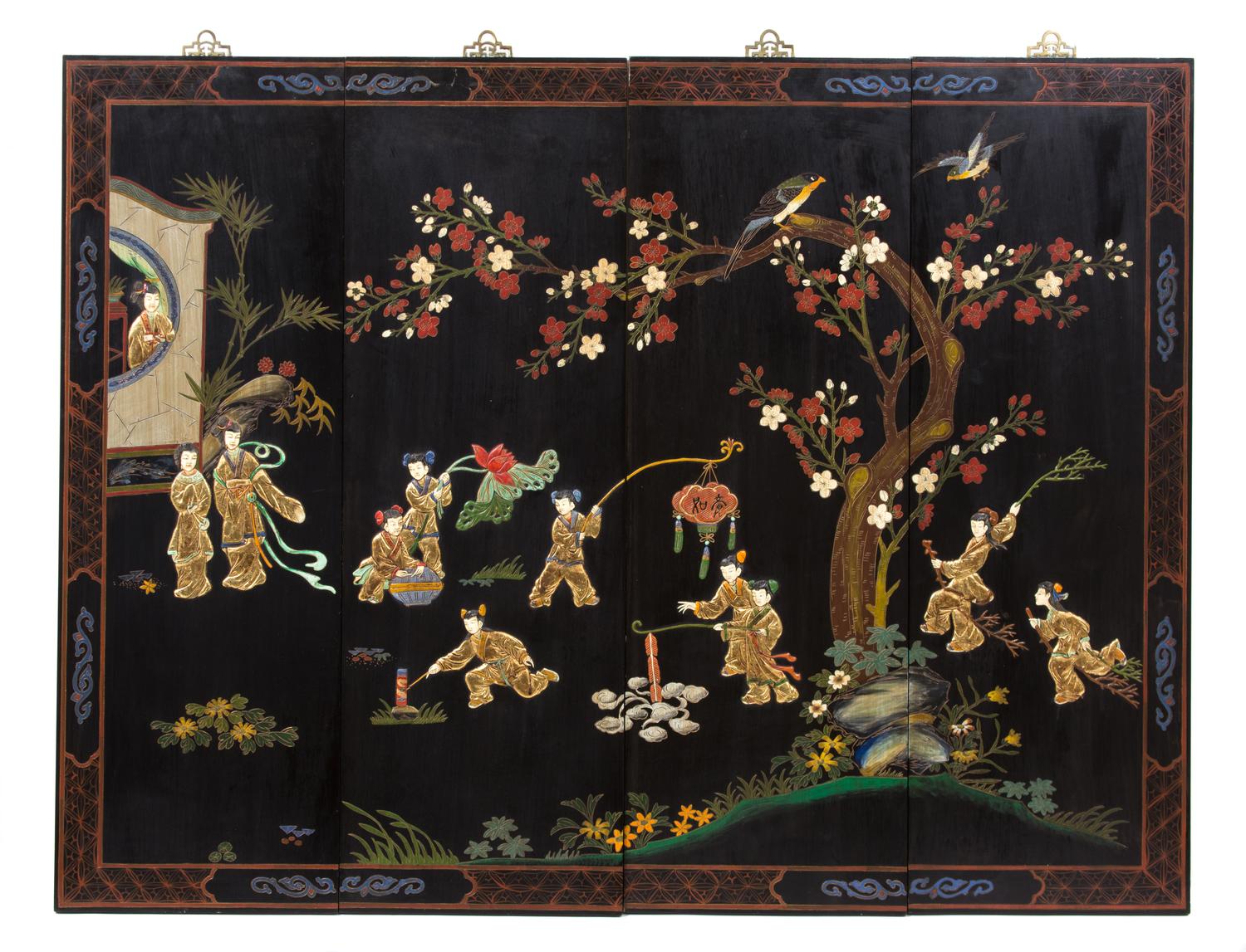Two Black Lacquered and Hardstone Chinese Cabinets Height of largest cabinet 26 1/4 x width 20 x depth 18 inches. — 20TH CENTURY