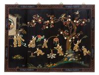 Two Black Lacquered and Hardstone Chinese Cabinets Height of largest cabinet 26 1/4 x width 20 x depth 18 inches. — 20TH CENTURY