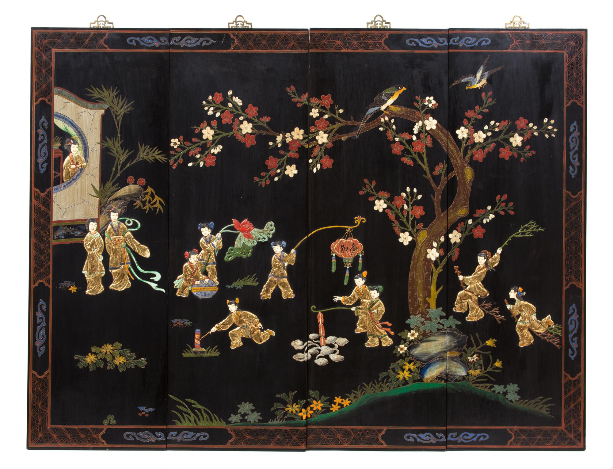 Two Black Lacquered and Hardstone Chinese Cabinets Height of largest cabinet 26 1/4 x width 20 x depth 18 inches. — 20TH CENTURY