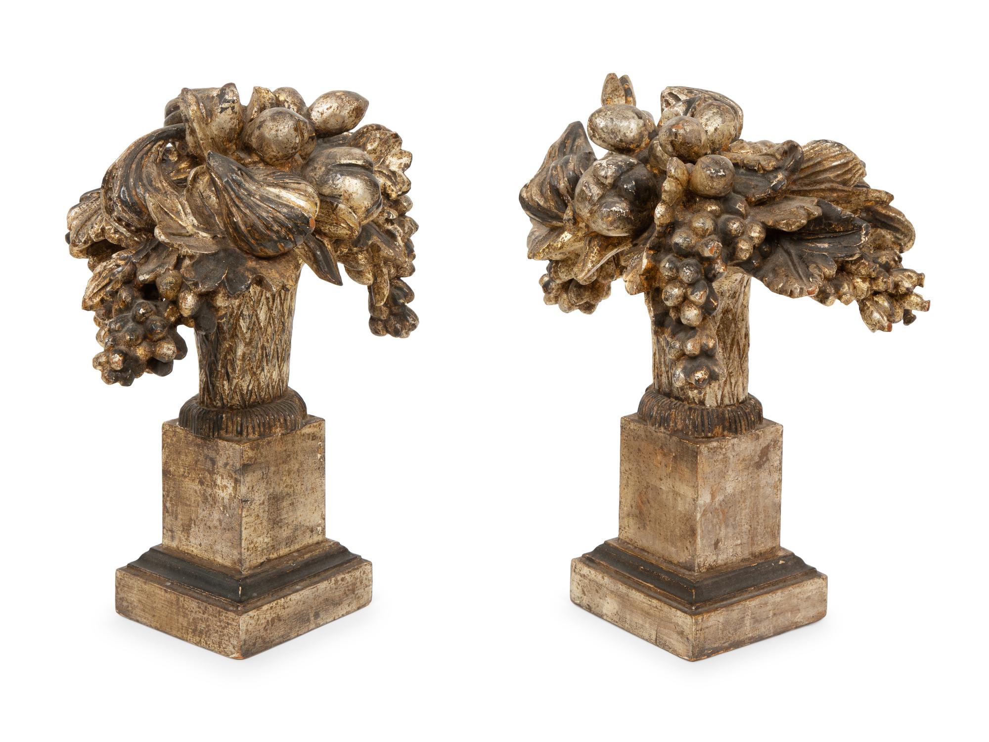 A Pair of Italian Carved Silver Giltwood Models of Fruits and Flowers