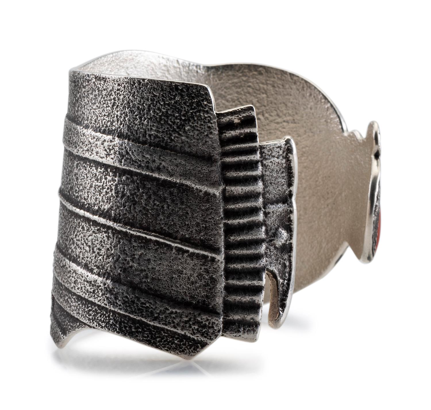 Tufa Cast Silver Figural Cuff Bracelet, with Coral Cabochon