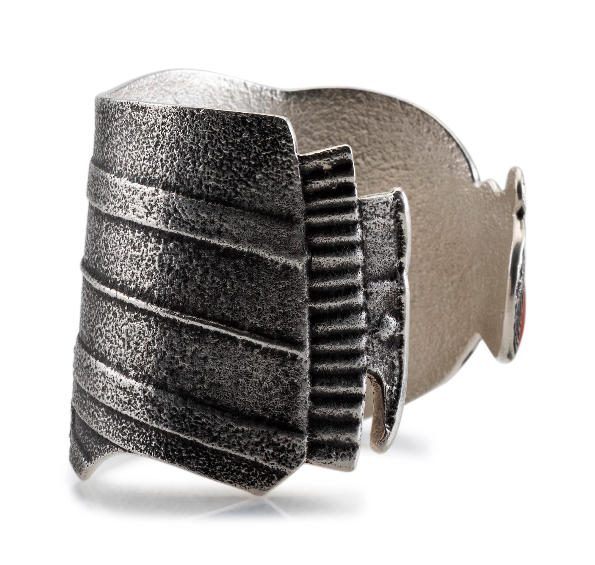 Tufa Cast Silver Figural Cuff Bracelet, with Coral Cabochon