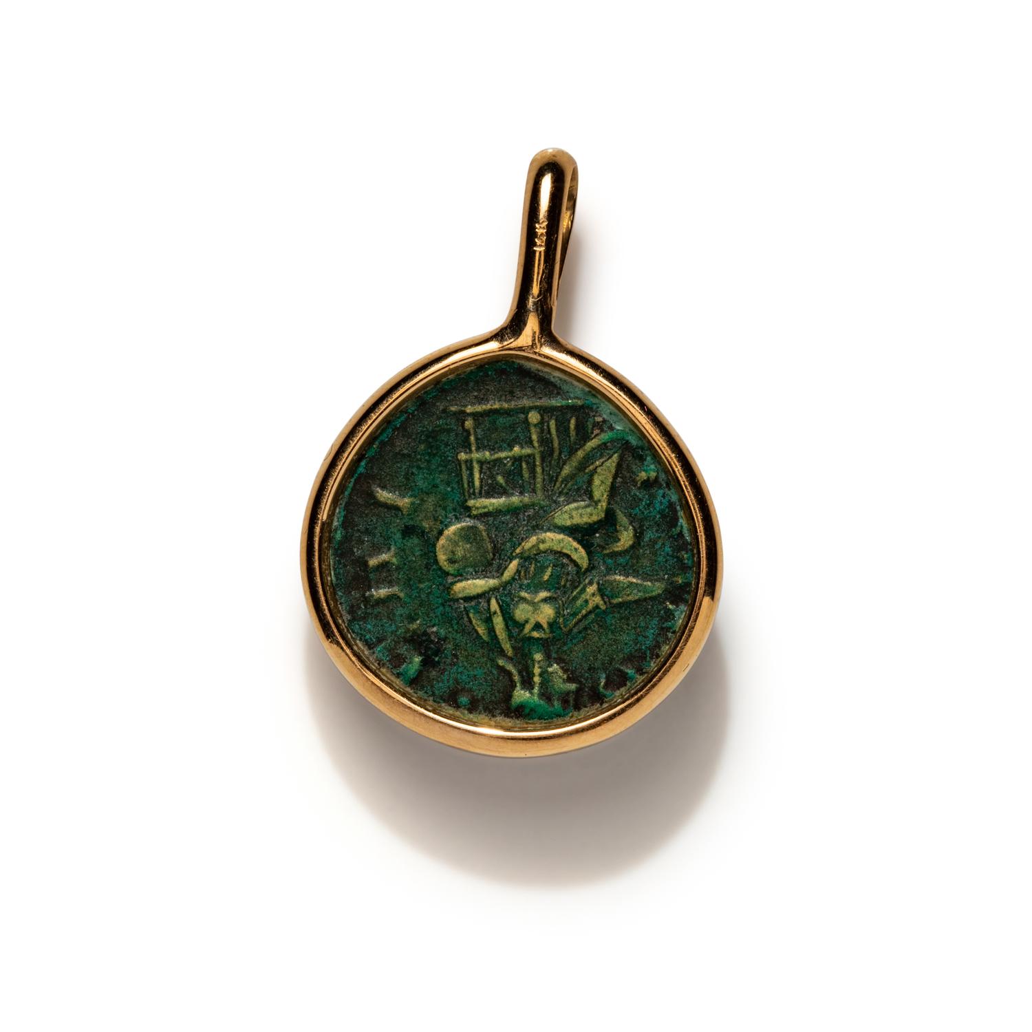 A Greek Bronze Coin with the Goddess Athena — Set in a gold pendant