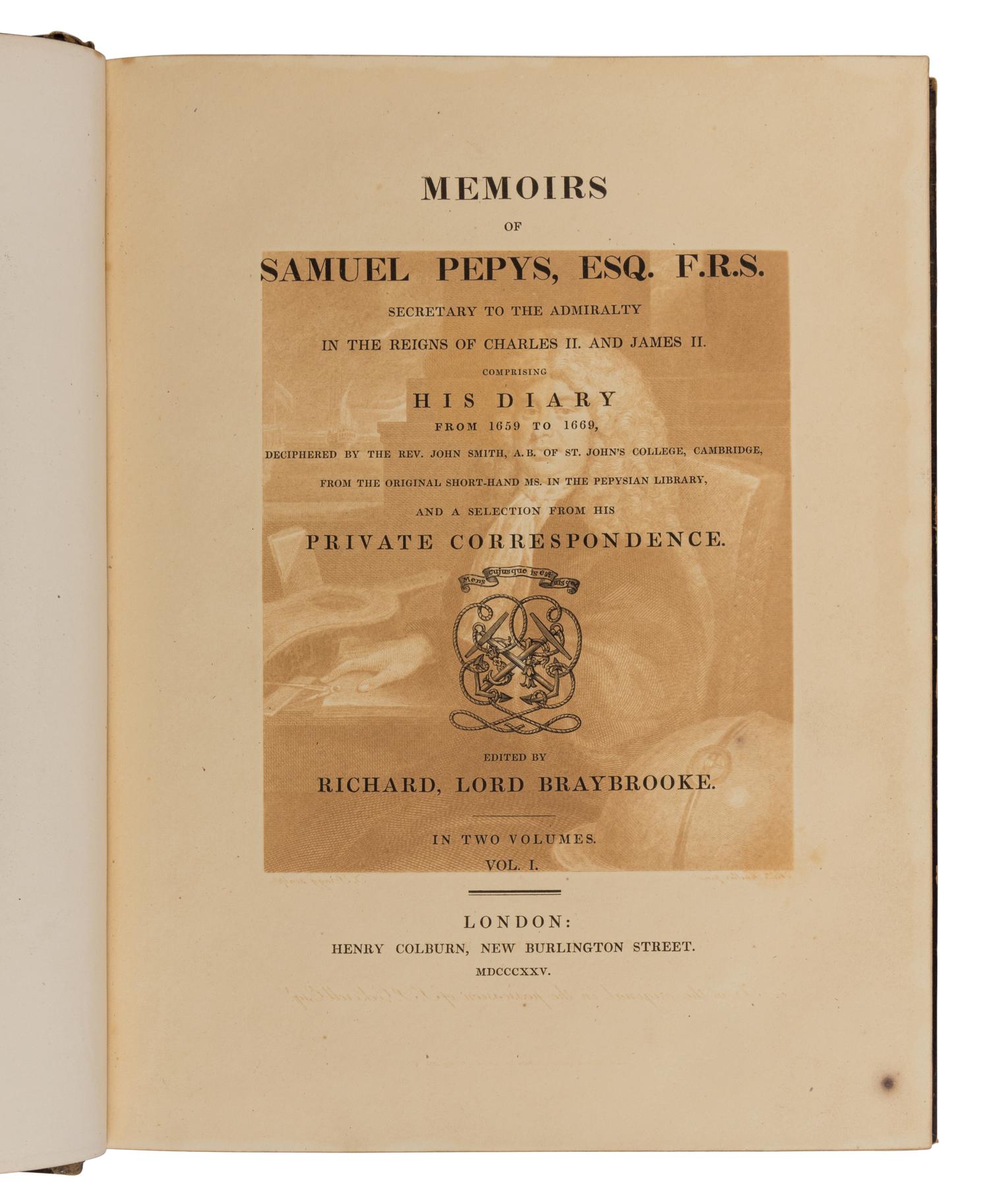 [BINDINGS & SETS]. PEPYS, Samuel (1633-1703). Memoirs of Samuel Pepys. Comprising His Diary from 1659 to 1669 . London: Henry Colburn, 1825.