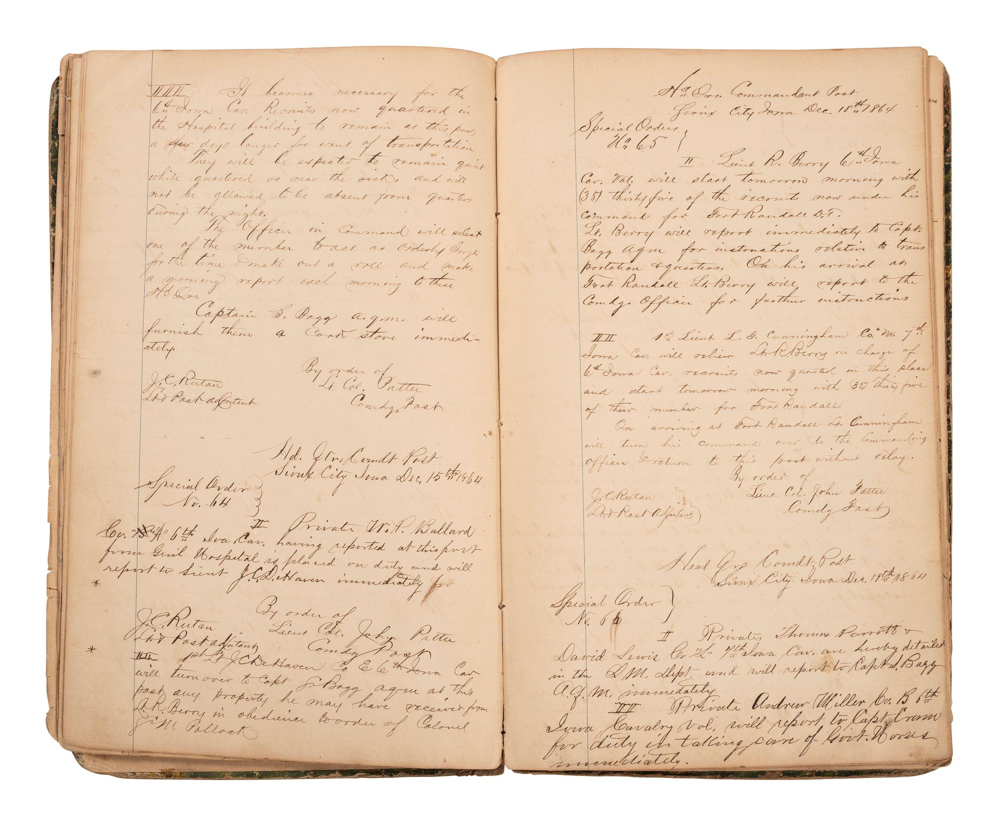 [INDIAN WARS]. Manuscript special orders book for 7th Iowa Volunteer Cavalry, 1864-1866.