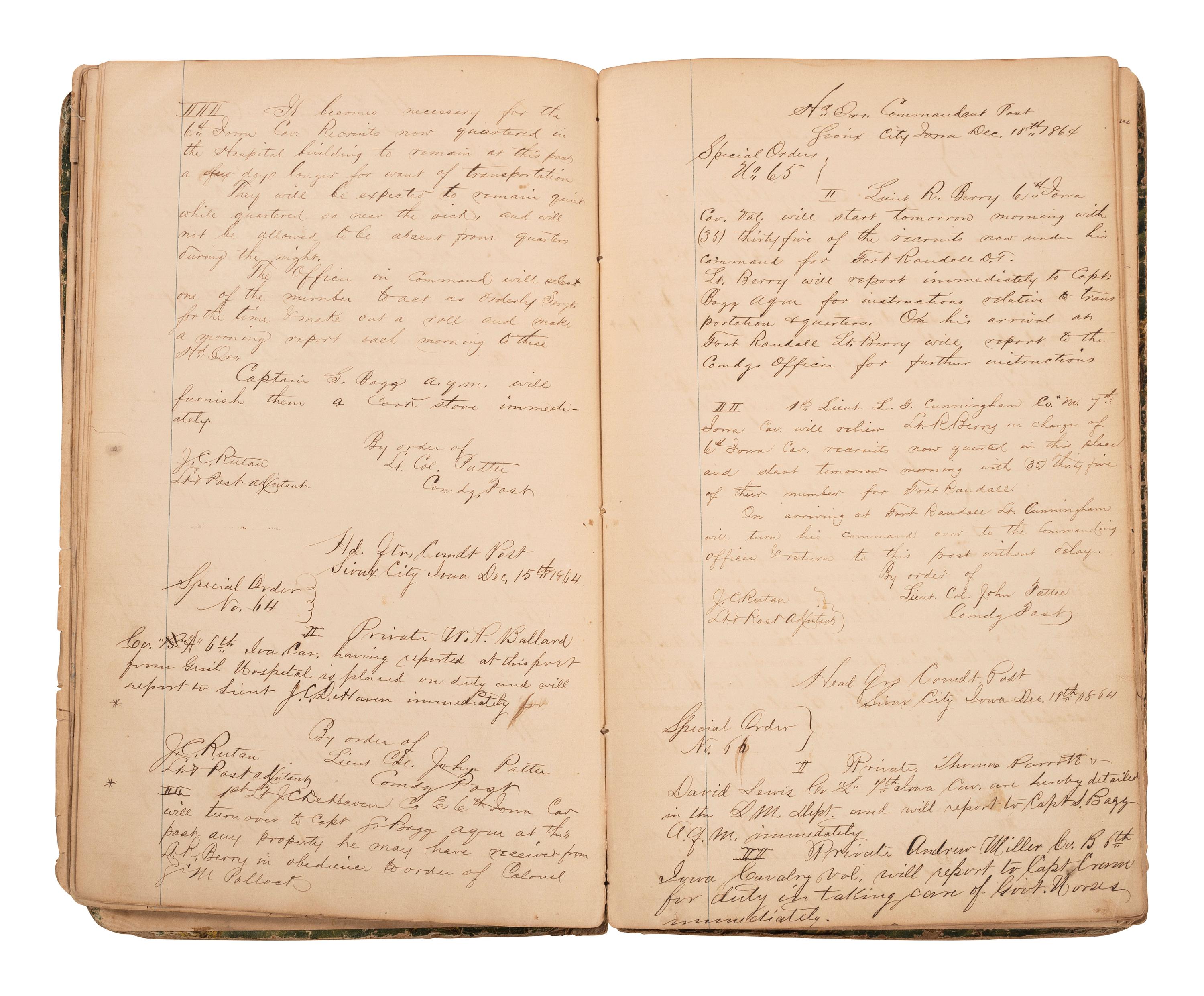 [INDIAN WARS]. Manuscript special orders book for 7th Iowa Volunteer Cavalry, 1864-1866.