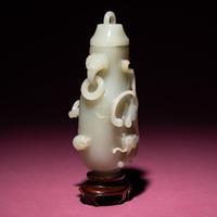 A Chinese Pale Celadon Jade 'Dragon' Covered Vase, 18th/19th Century — 清中期 青白玉螭龍紋雙耳賞瓶