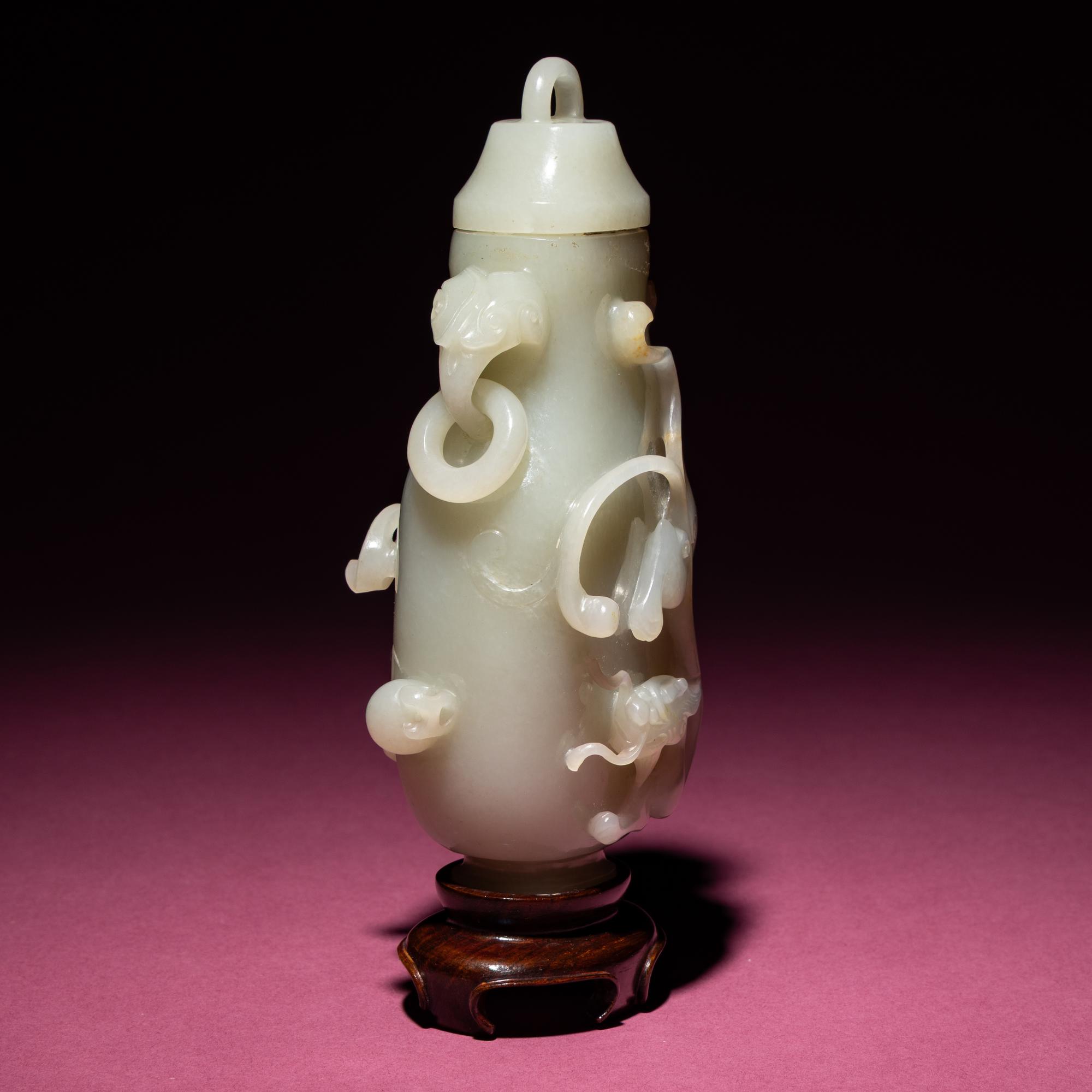 A Chinese Pale Celadon Jade 'Dragon' Covered Vase, 18th/19th Century — 清中期 青白玉螭龍紋雙耳賞瓶