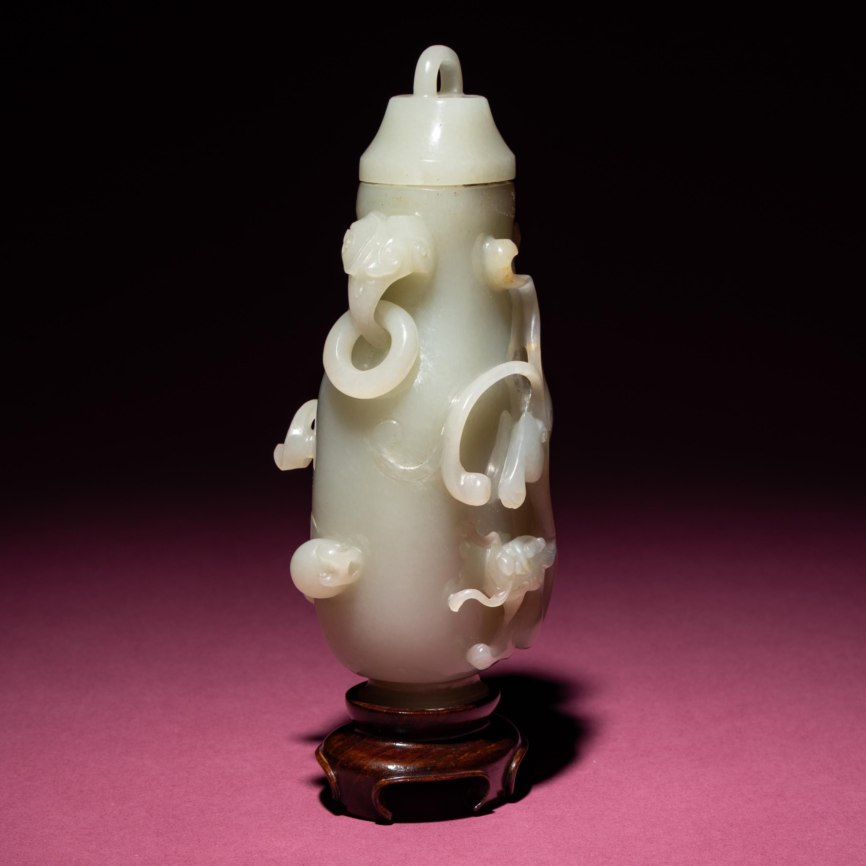 A Chinese Pale Celadon Jade 'Dragon' Covered Vase, 18th/19th Century — 清中期 青白玉螭龍紋雙耳賞瓶