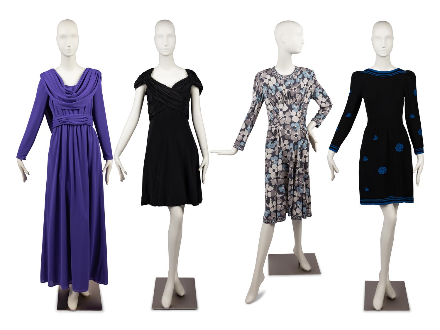 Four Designer Dresses: Estevez, Scaasi, Adolfo, and Bessi, 1970-80s