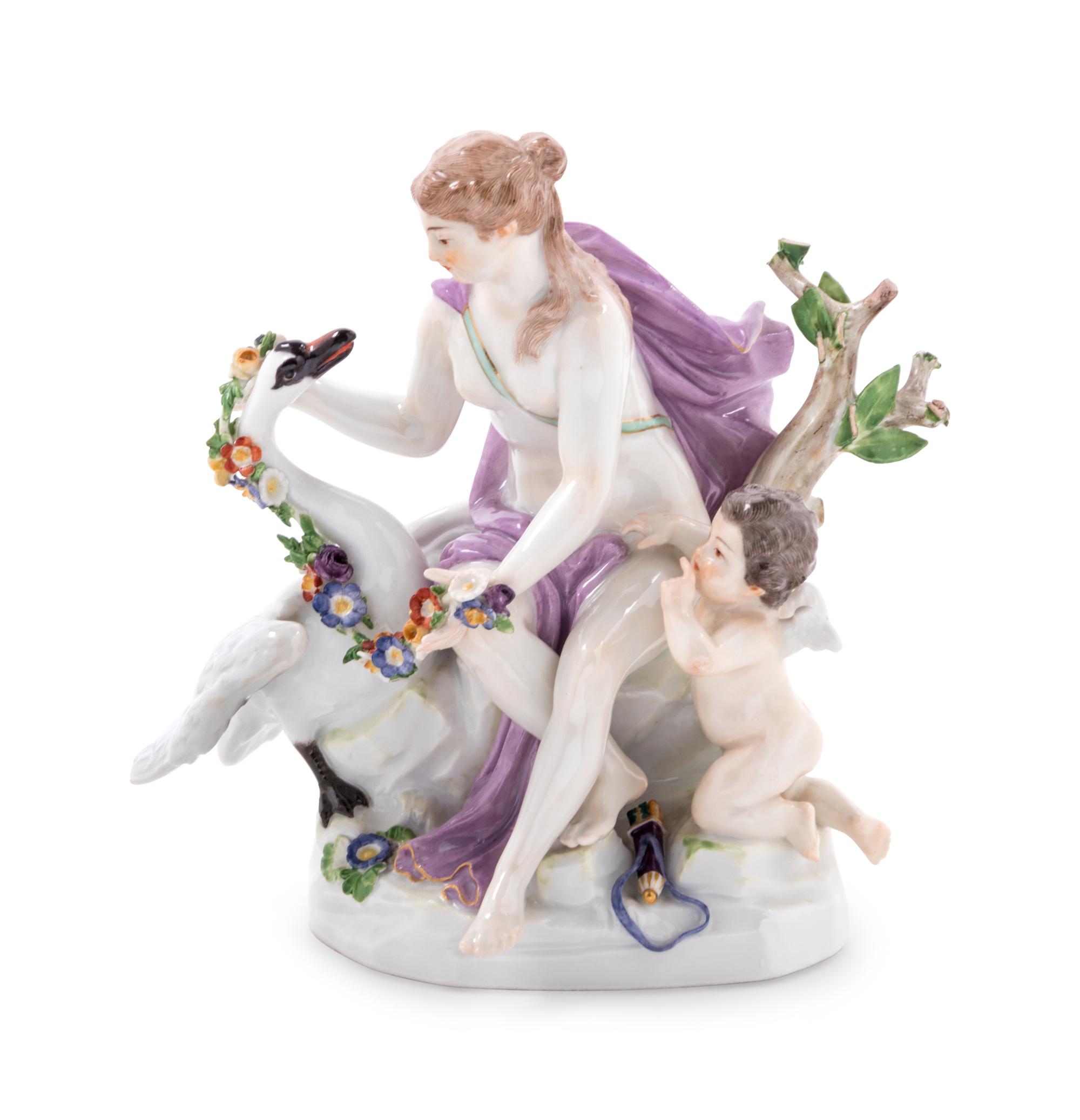 A Meissen Painted Porcelain Figural Group Depicting Leda and the Swan